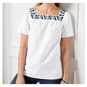 Talbots 3X BUTTERFLY‎ EMBROIDERED LINEN COTTON SQUARE NECK TOP